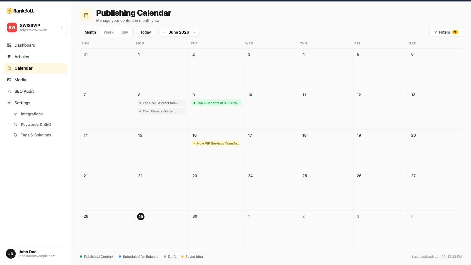RankBolt publishing calendar: a month view of scheduled, drafted, and published articles.