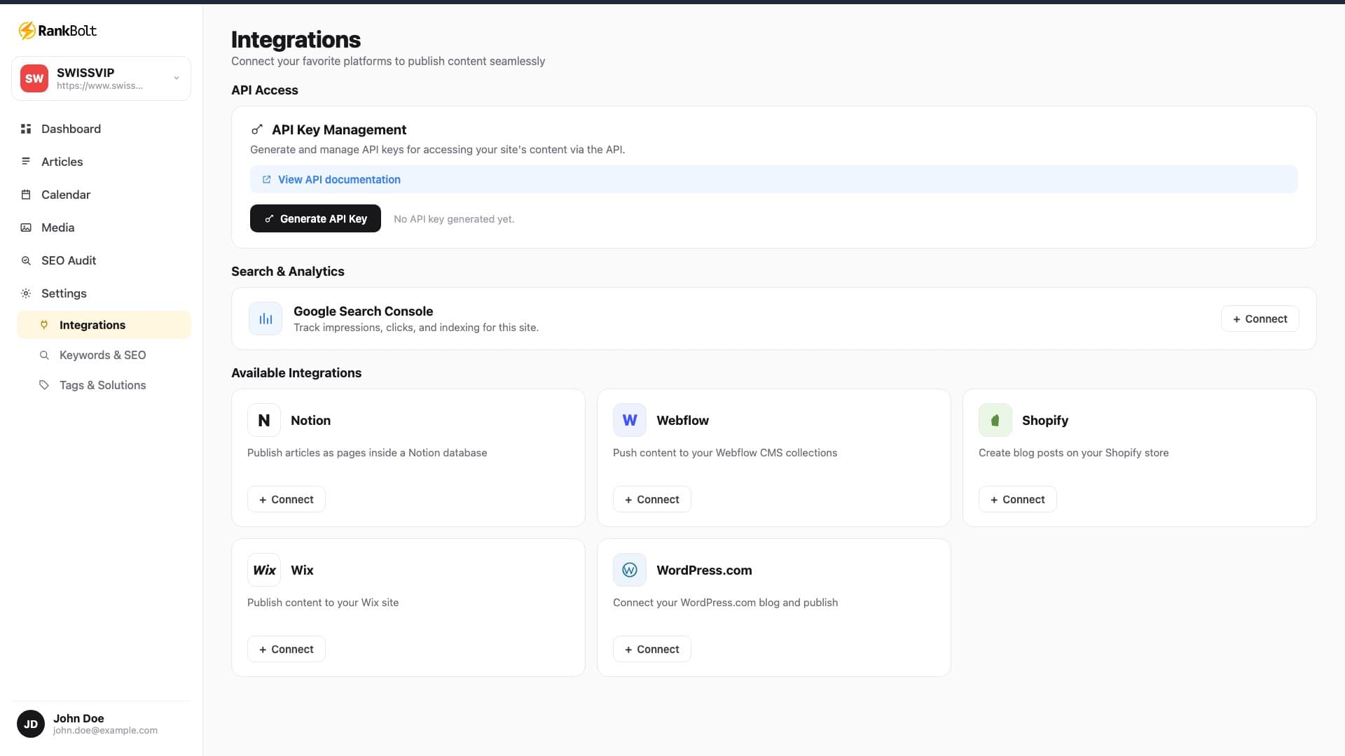 RankBolt integrations screen: connect WordPress, Webflow, Shopify, and Wix to auto-publish content.