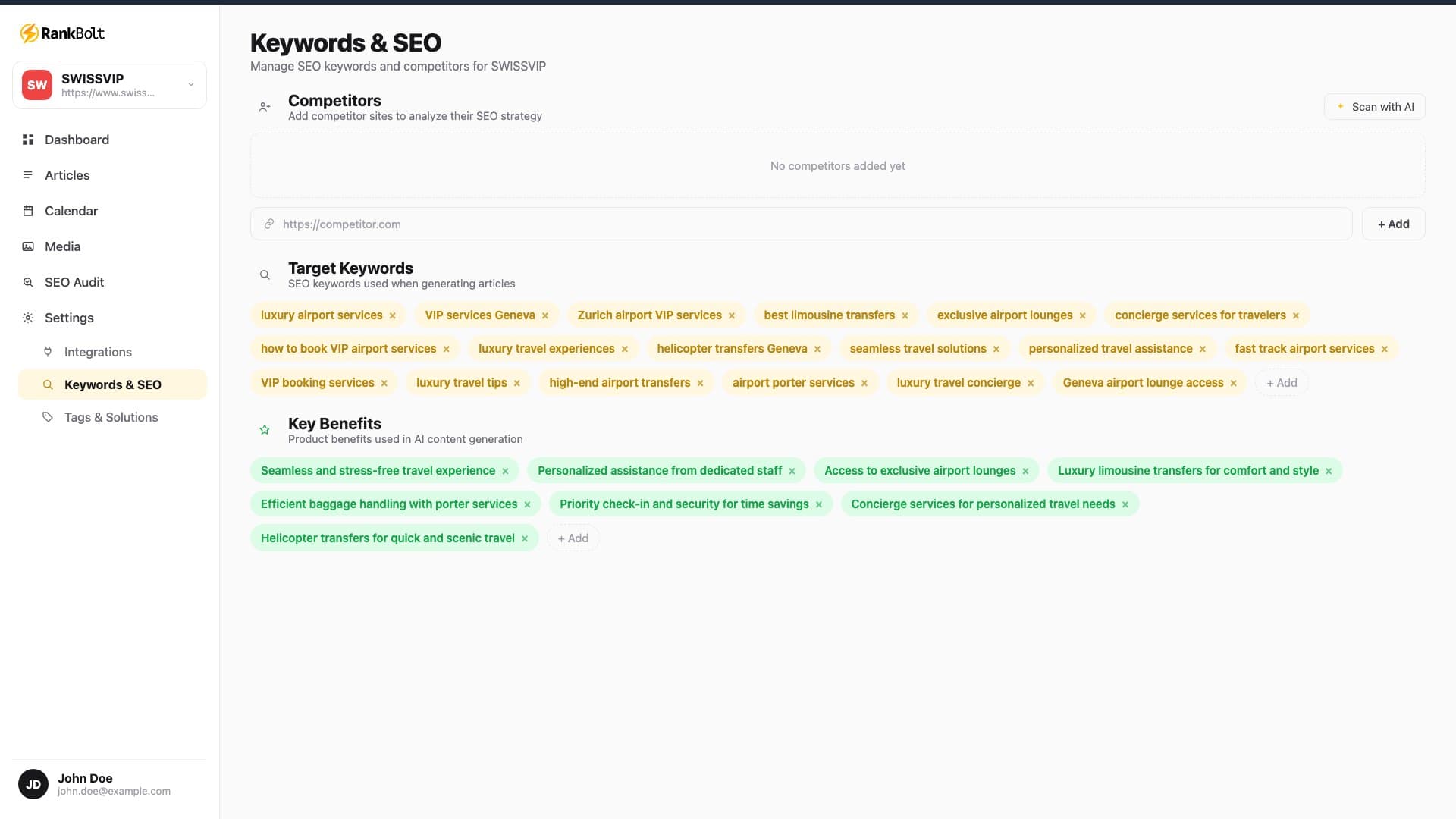 RankBolt keywords screen: target keywords, competitors, and key benefits for SEO content.